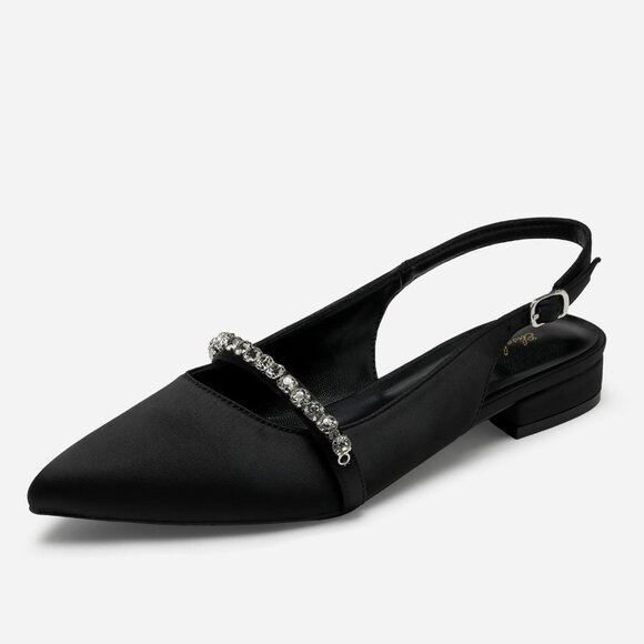 Women Black Satin Polyurethane (PU) Rhinestone Pointed Toe Slingback Flats Shoes - Picture 4 of 9